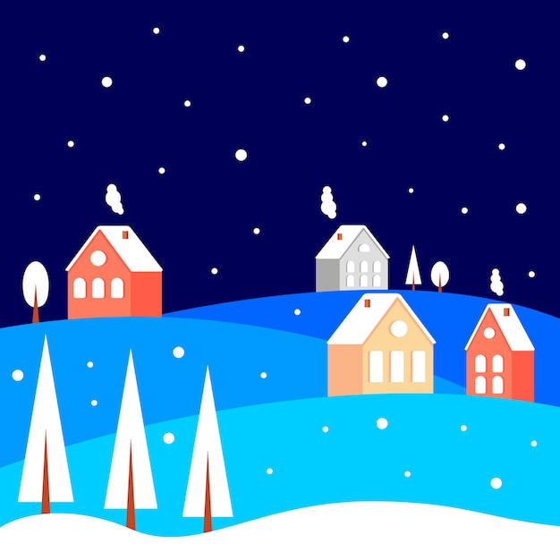 Paisaje del pueblo navideño por la noche ilustración vectorial en estilo plano