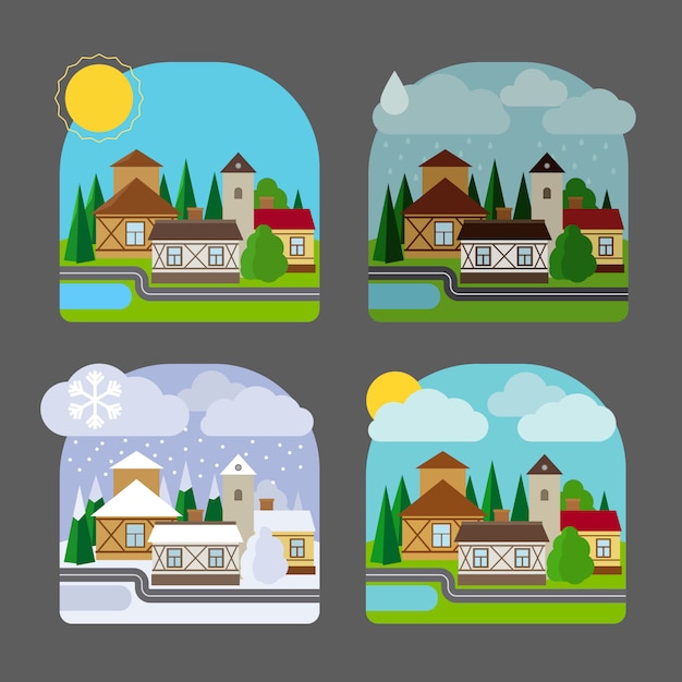 Vector paisaje de pueblo pequeño en estilo plano.