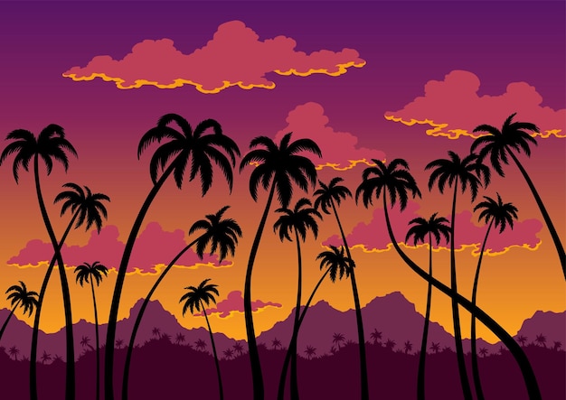 Paisaje de puesta de sol de California Fondo de pantalla de la costa con palmeras de silueta negra Panorama de la naturaleza del bosque tropical y las montañas del cielo violeta naranja escénico Ilustración vectorial