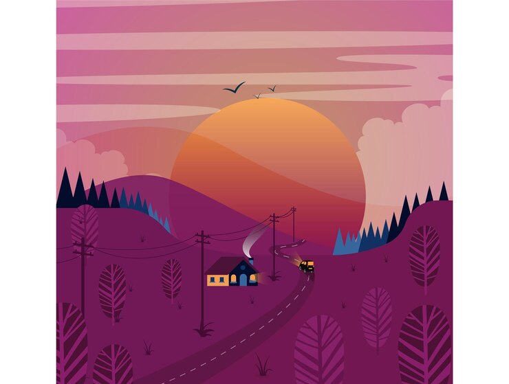Vector paisaje de puesta de sol con una casa en un camino