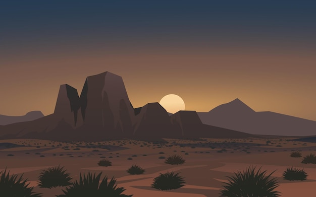 Vector paisaje de puesta de sol en el desierto con montañas