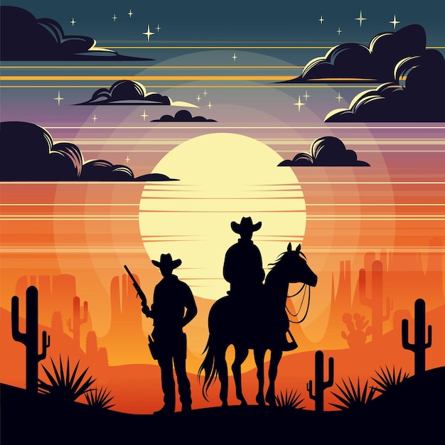 Vector paisaje de puesta de sol en el desierto con vaqueros a caballo