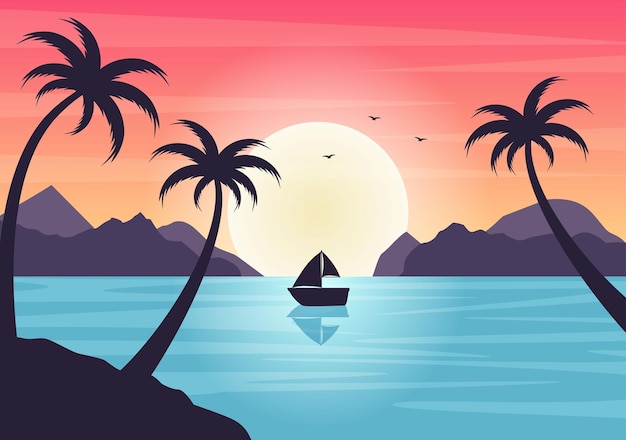 Paisaje de puesta de sol de mar de sol sobre el océano con nubes, superficie del agua, palmera y playa en ilustración de fondo plano para póster, pancarta o fondo