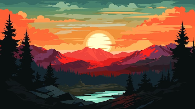 Paisaje de puesta de sol de montaña bosque de pinos realista y siluetas de montaña panorama de madera de noche ilustración vectorial fondo de naturaleza salvaje