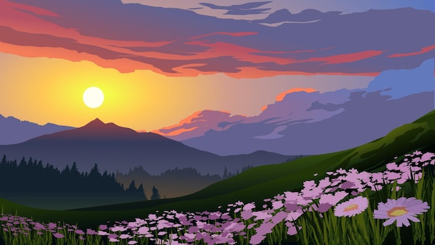 Un paisaje con puesta de sol y montañas al fondo.