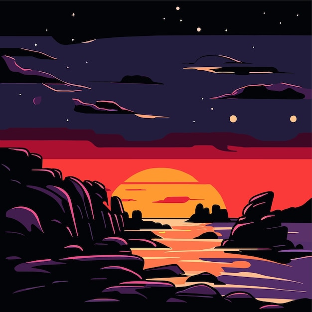 paisaje de puesta de sol oscura en la playa con rocas y estrellas en el cielo