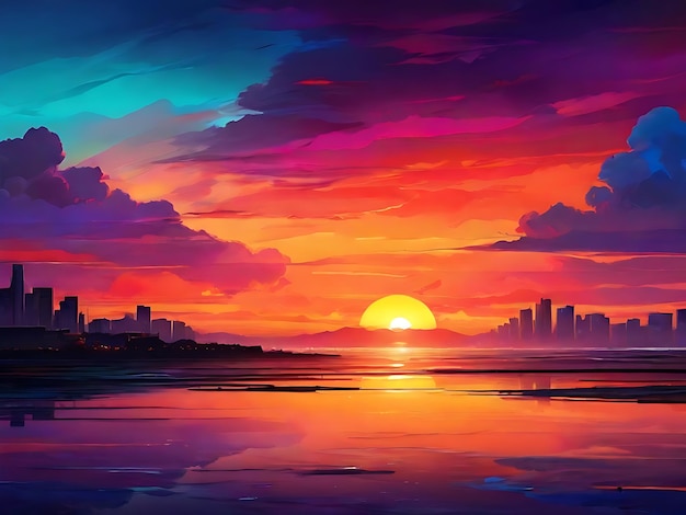 Vector paisaje con puesta de sol en la playa