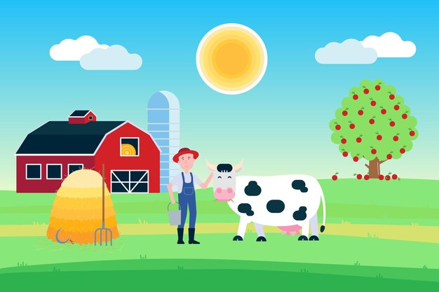 Paisaje con puesto de vaca manchado de blanco negro con boca de hierba cerca de granjero y pajar