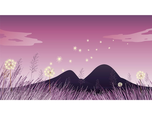 Un paisaje púrpura mágico con montañas de diente de león y estrellas