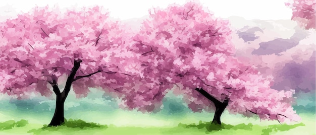 Vector paisaje con ramas de cerezas en flor montañas brumosas en nubes pintura oriental tradicional primavera