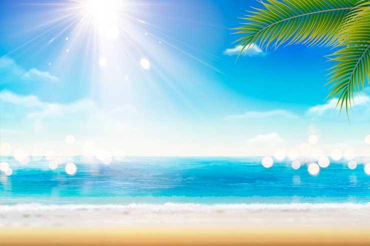 Vector paisaje de resort de verano con hermosa playa y sol en la ilustración