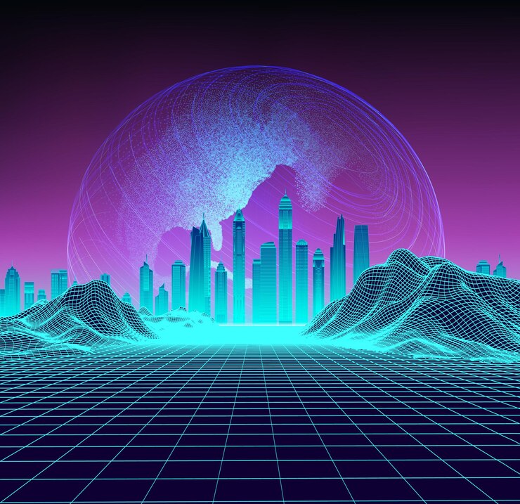 Vector paisaje retro con ciudad cibernética y planeta digital de fondo. ilustración vectorial.