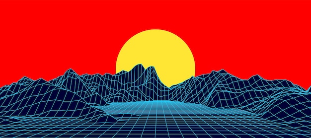 Paisaje retro digital Estilo de los años 80 Superficie cibernética futurista Años 80 Fondo retro de ciencia ficción Portada del álbum o pancarta al estilo de los años 8090 Ilustración vectorial