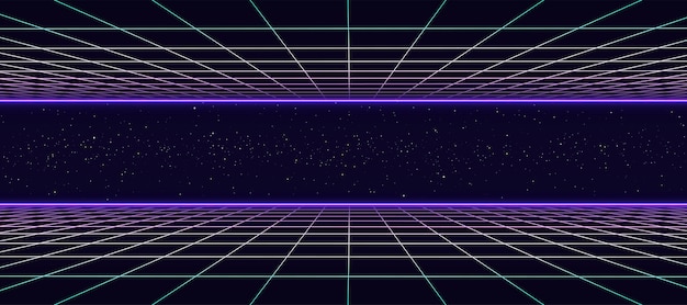 Paisaje retro del espacio vectorial digital al estilo de los años 80 Rejilla de doble perspectiva futurista Años 80 Fondo retro de ciencia ficción Portada del álbum o pancarta al estilo de los años 8090