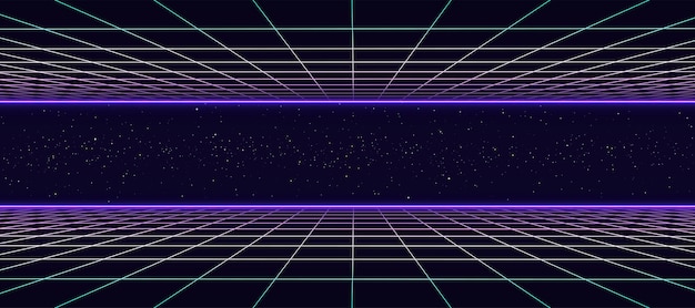 Paisaje retro del espacio vectorial digital al estilo de los años 80 Rejilla de doble perspectiva futurista Años 80 Fondo retro de ciencia ficción Portada del álbum o pancarta al estilo de los años 8090