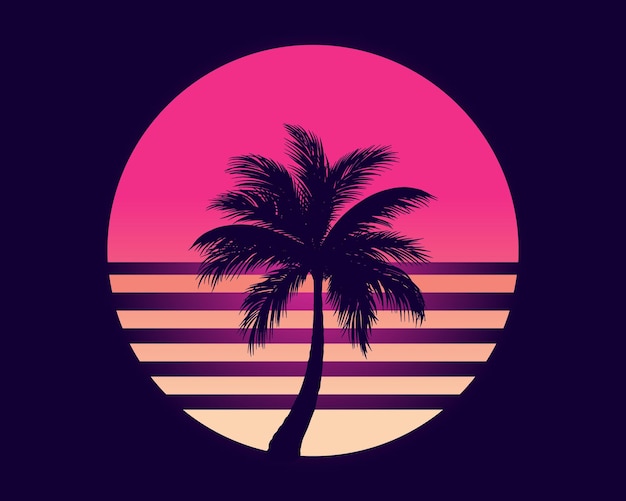 Paisaje retro futurista con palmera Puesta de sol de neón al estilo de los años 80 Onda retro futurista