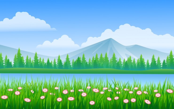 Vector paisaje de río y montaña con hierba y flores.