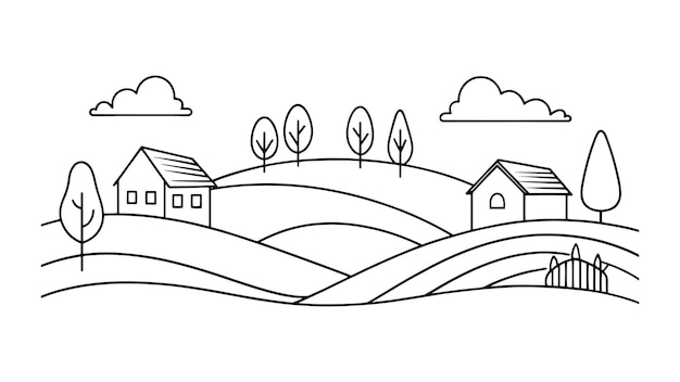 Paisaje rural arte de línea continua aislado sobre fondo blanco