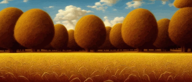 Paisaje rural con campos de trigo y árboles amarillos y cielo en ilustración vectorial de fondo