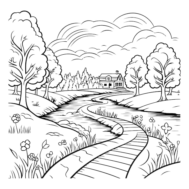 Paisaje rural con carretera y casa Ilustración vectorial en blanco y negro