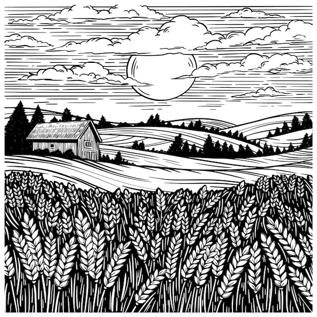 Paisaje rural con casa de campo de trigo y ladera Ilustración de tinta vectorial en estilo de línea de boceto