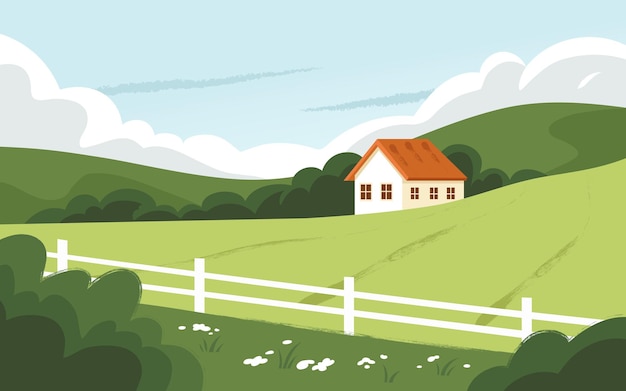 Paisaje rural con casa en verano ilustración vectorial plana