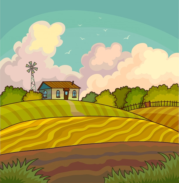 Vector paisaje rural de granja con campo.