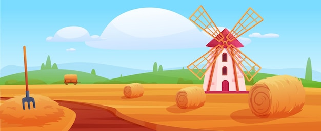 Paisaje rural de heno Campo agrícola con molino de viento y heno Tiempo de cosecha en las tierras de cultivo y carreteras del pueblo Escena vectorial actual