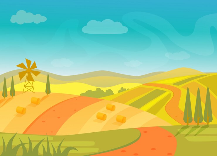 Paisaje rural hermoso pueblo con montañas y colinas