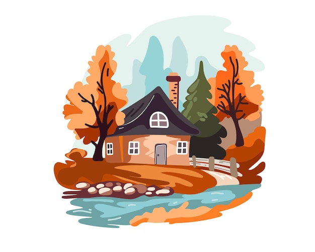 Paisaje rural de otoño con abetos montañas río y casa Ilustración vectorial en estilo plano