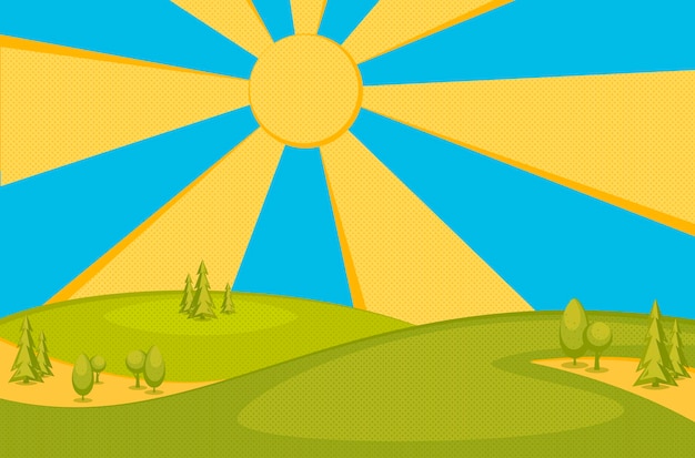 Paisaje rural soleado con campos, colinas y árboles. Ilustración de dibujos animados de un día soleado.