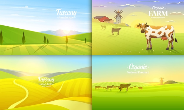 Paisaje rural y vacas granja agricultura ilustración vectorial cartel con prado campo retro