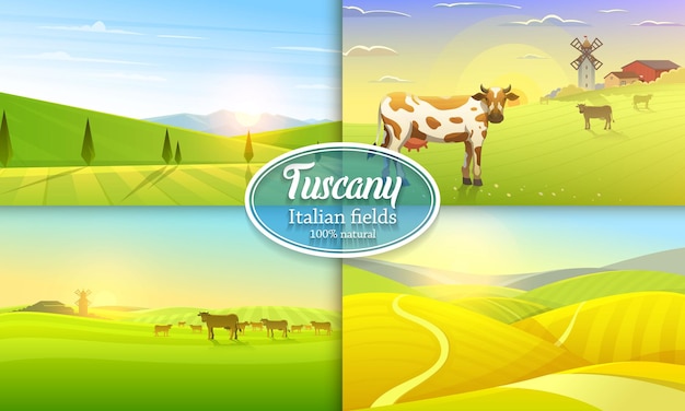 Paisaje rural y vacas granja agricultura ilustración vectorial cartel con prado campo retro