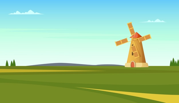 Paisaje rural de verano con molino de viento. ilustración de vista agrícola natural.