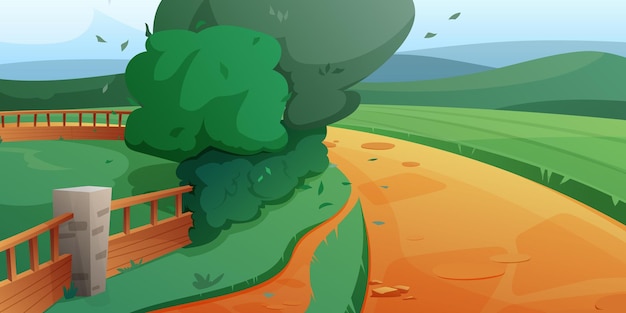 Paisaje rural de verano nublado durante el día Campo agrícola verde con hierba Camino de la aldea Cerca y árboles Ilustración horizontal de dibujos animados vectoriales