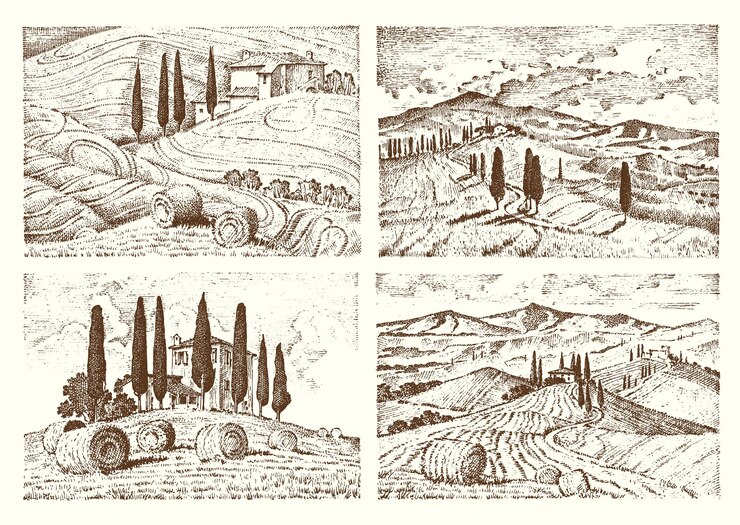 Vector paisaje rural de viñedo dibujado a mano grabado en boceto antiguo y estilo vintage para campos de etiquetas