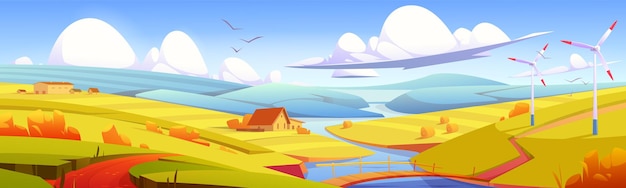 Paisaje rústico, prado, campo rural con puente sobre el río, pilas de heno y edificios agrícolas. efecto de paralaje, paisaje de otoño paisaje de fondo de la naturaleza en colores amarillos, ilustración vectorial de dibujos animados