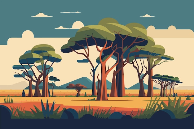 Paisaje de sabana africana con árboles Ilustración vectorial en estilo plano