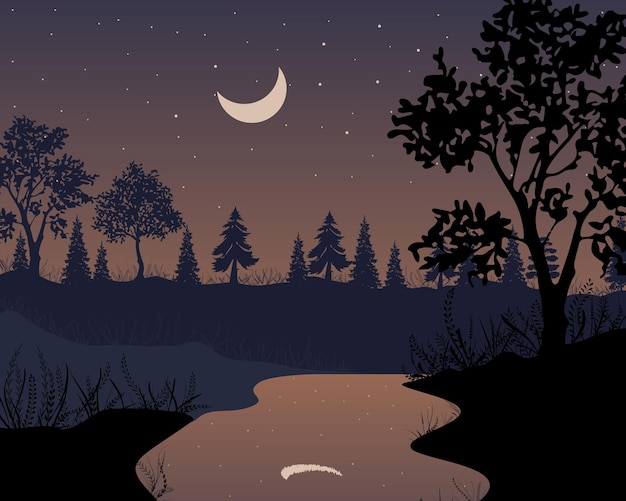 Paisaje de sabana nocturna, ilustración de vector de fondo africano natural