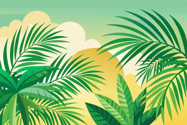 Paisaje de la selva tropical con hojas de palma y sol