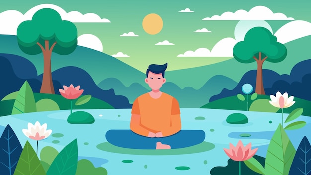 Vector un paisaje sereno de un hombre meditando junto a un estanque tranquilo en un hermoso jardín con