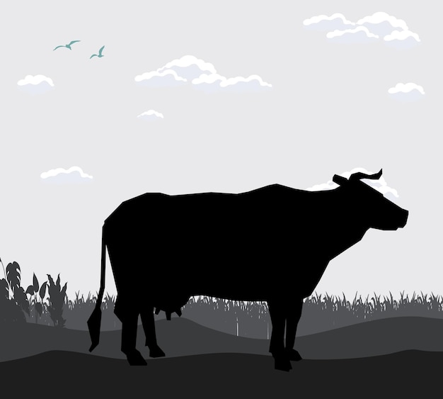 paisaje de silueta con hierba y vector de animales