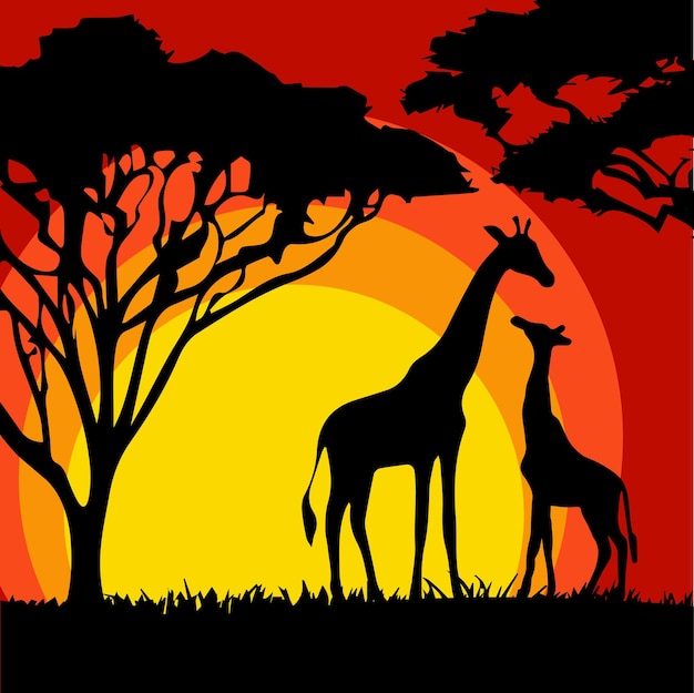 Paisaje con siluetas de jirafas en áfrica ilustración vectorial