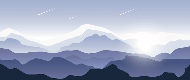 Paisaje con siluetas de montañas azul violeta con luz de luna de niebla y estrellas fugaces
