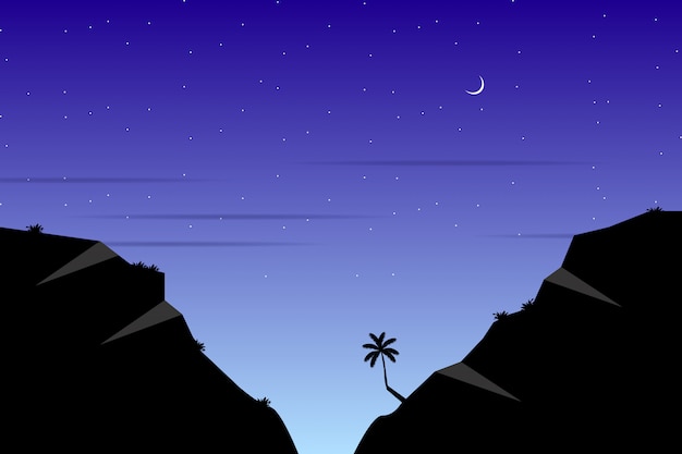 Vector paisaje con siluetas de montañas con cielo azul noche estrellada