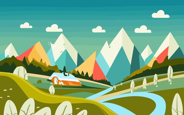 Paisaje con siluetas de montañas y río de montaña Fondo de naturaleza Ilustración vectorial