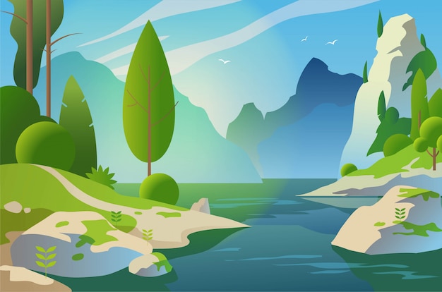 Paisaje soleado Bosque y montañas cerca del lago. ilustración