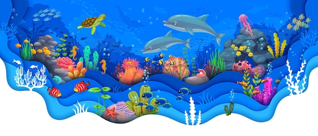 Vector paisaje subacuático cortado en papel con delfines, tortugas, algas y bancos de peces escena de animales y plantas marinas escena de vida acuática del océano