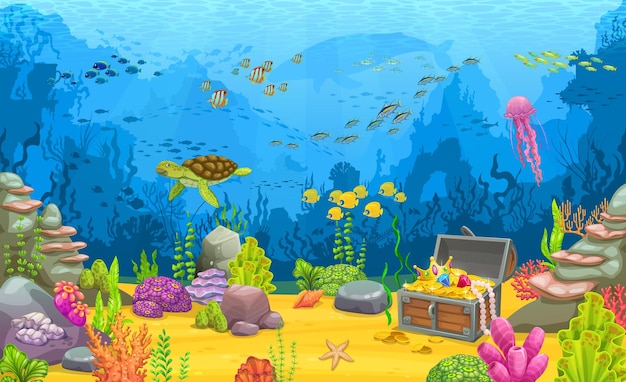 Paisaje submarino de dibujos animados con cofre del tesoro y animales marinos Escena del mundo acuático de arrecife de coral fondo vectorial de vida acuática con algas marinas de cardumen de peces tortuga y oro en el pecho en el fondo del océano