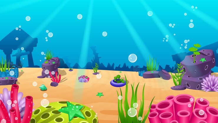 Paisaje submarino en estilo de dibujos animados, algas marinas, piedra, concha, concha